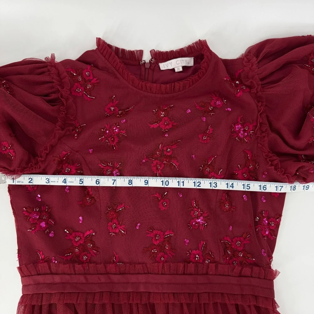 Ivy City Co. Anastasia Dress Sz M Dark Red Midi Embellished Tulle Holiday Party - Picture 13 of 14